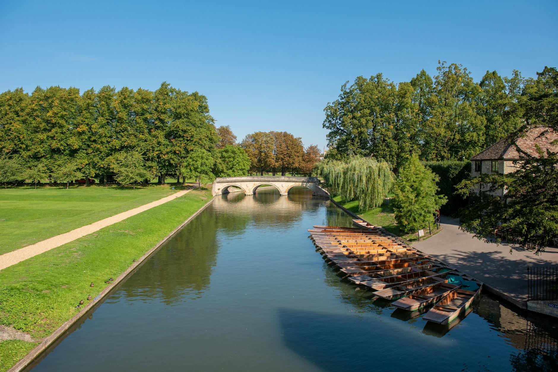 Tranquil summer scene of a river, bridge, and boats in a lush green park under a clear blue sky.