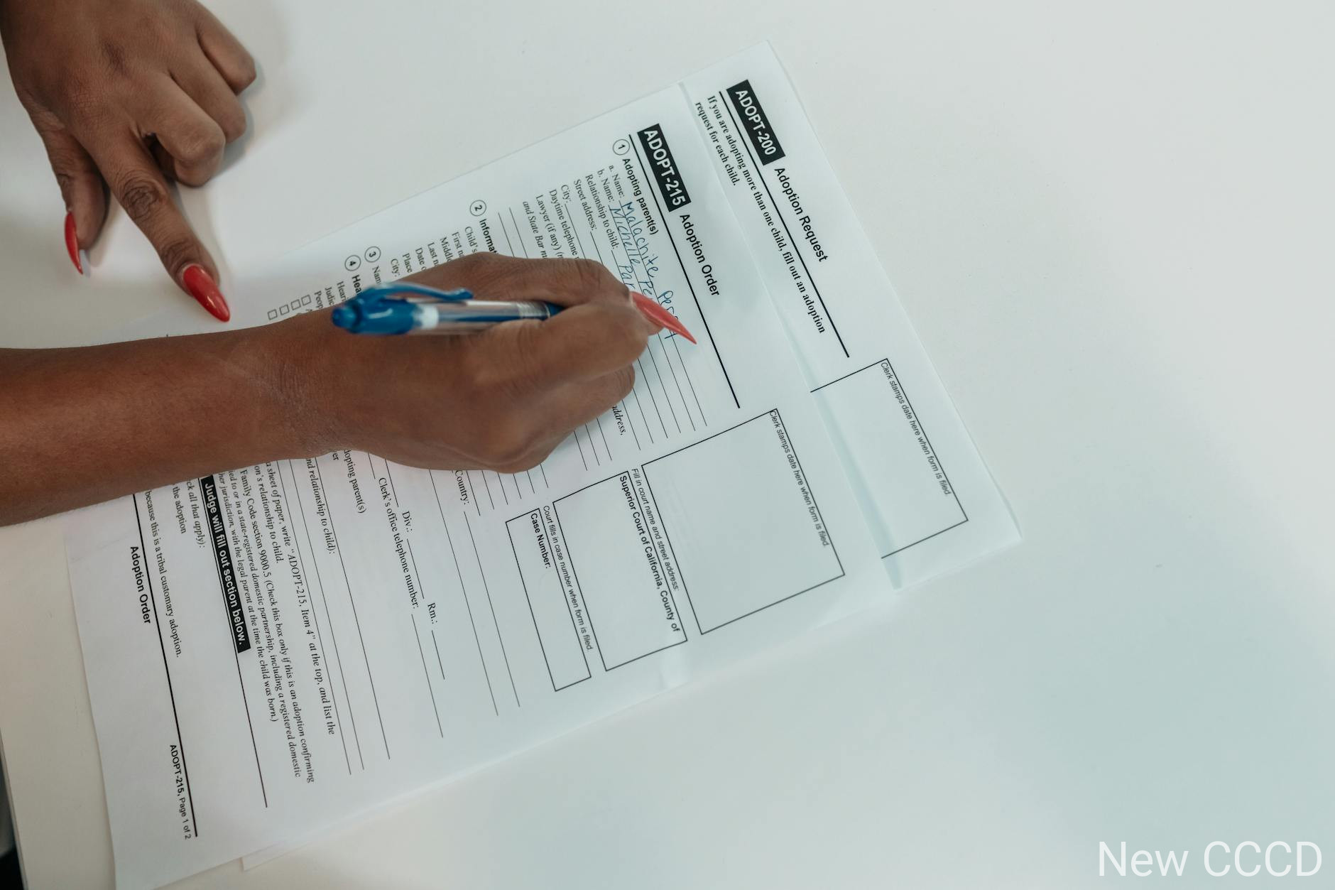 Close-up of a hand filling out an adoption request form with a pen.