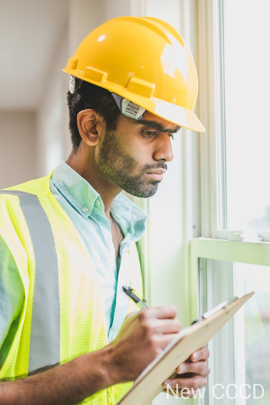 Professional construction worker examines property indoors with clipboard, ensuring safety compliance.