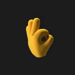3D illustration of a yellow emoji hand making an OK gesture on black background.