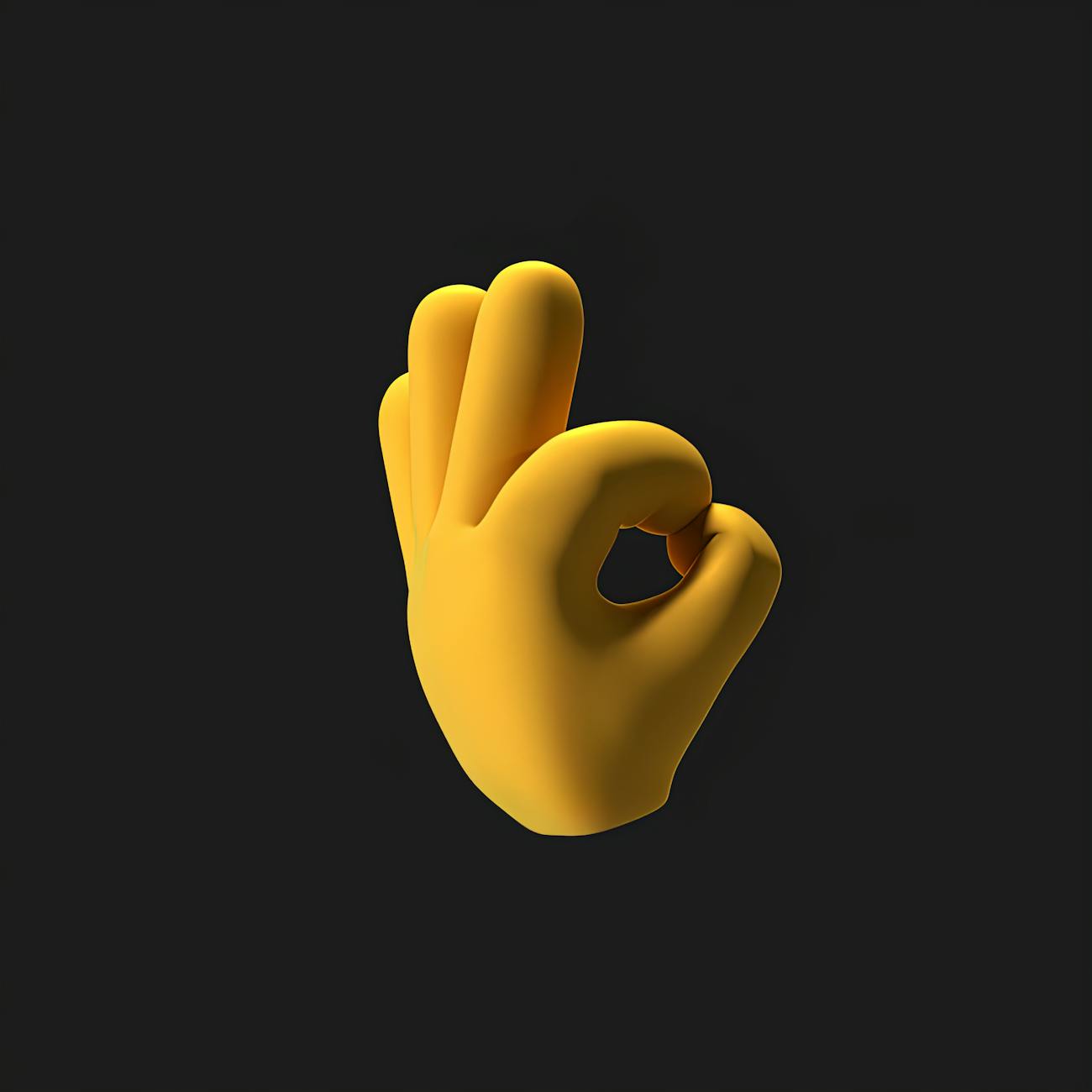 3D illustration of a yellow emoji hand making an OK gesture on black background.
