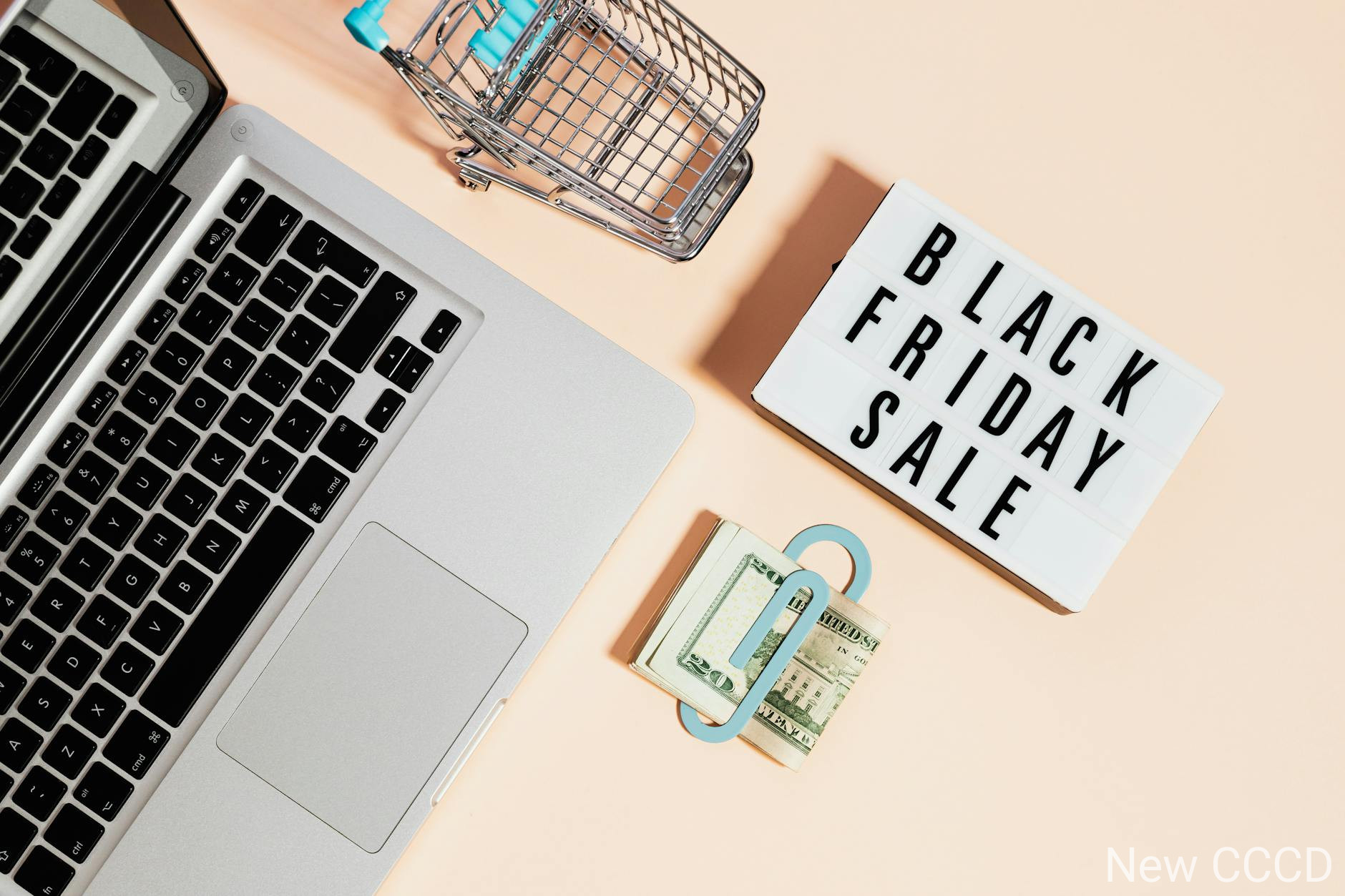 Overhead view of shopping cart, laptop, cash, and Black Friday sale sign.